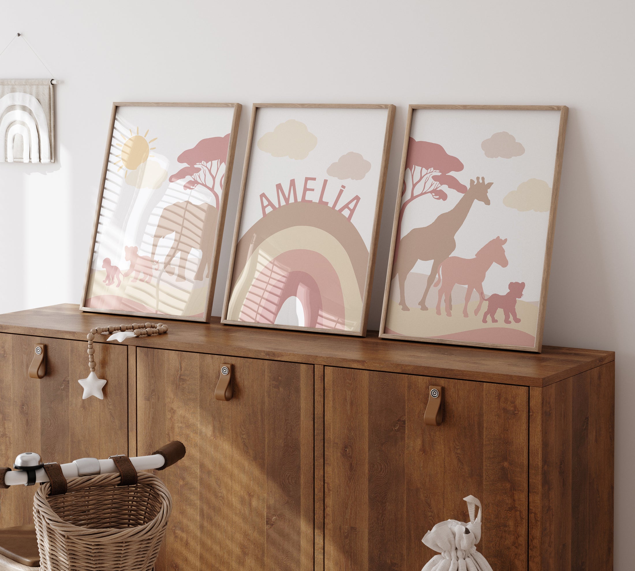 Pink & Beige Safari Animals | Set of 3 Prints | Rainbow Nursery Art - RoseRowanDesign