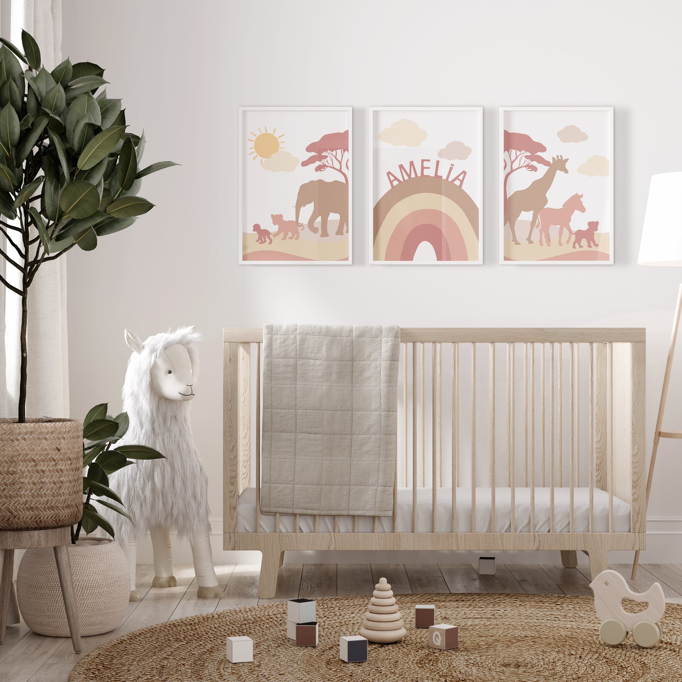 Pink & Beige Safari Animals | Set of 3 Prints | Rainbow Nursery Art - RoseRowanDesign