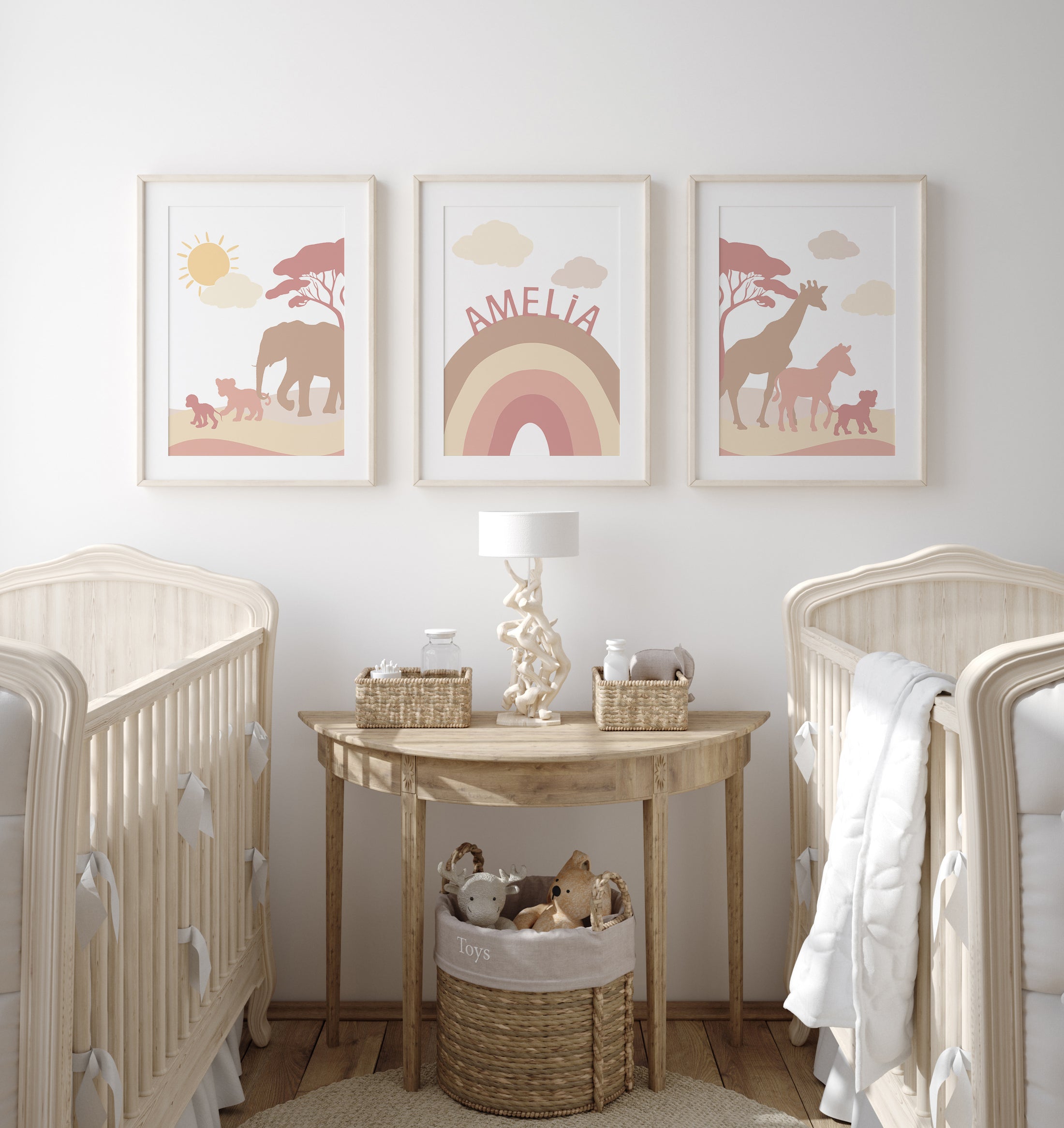 Pink & Beige Safari Animals | Set of 3 Prints | Rainbow Nursery Art - RoseRowanDesign
