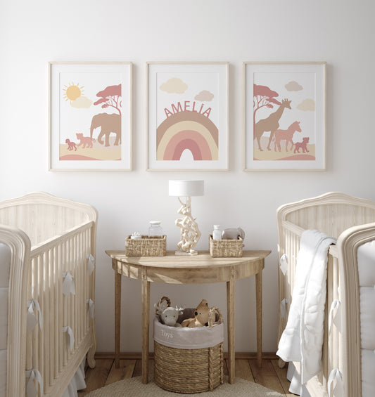 Pink & Beige Safari Animals | Set of 3 Prints | Rainbow Nursery Art - RoseRowanDesign