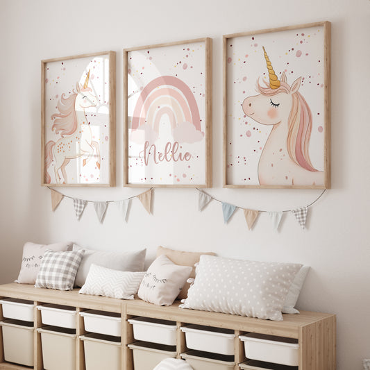 Pink Unicorns Personalised Set of 3 Prints | Pink Rainbow for Girls Room - RoseRowanDesign