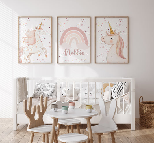 Pink Unicorns Personalised Set of 3 Prints | Pink Rainbow for Girls Room - RoseRowanDesign