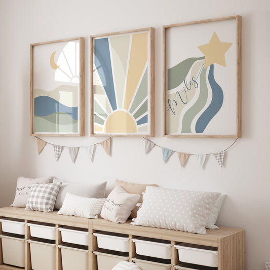 Sun,Star Moon | Set of 3 Prints | Blue & Green Tones Mid Century Style - RoseRowanDesign