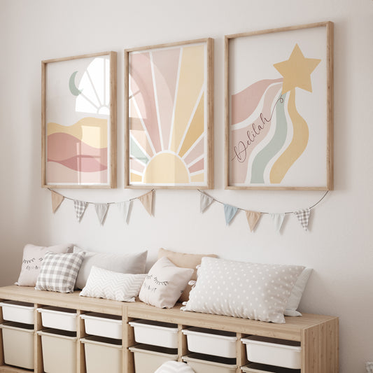 Sun,Star Moon | Set of 3 Prints | Neutral Blush tones Mid Century Style - RoseRowanDesign