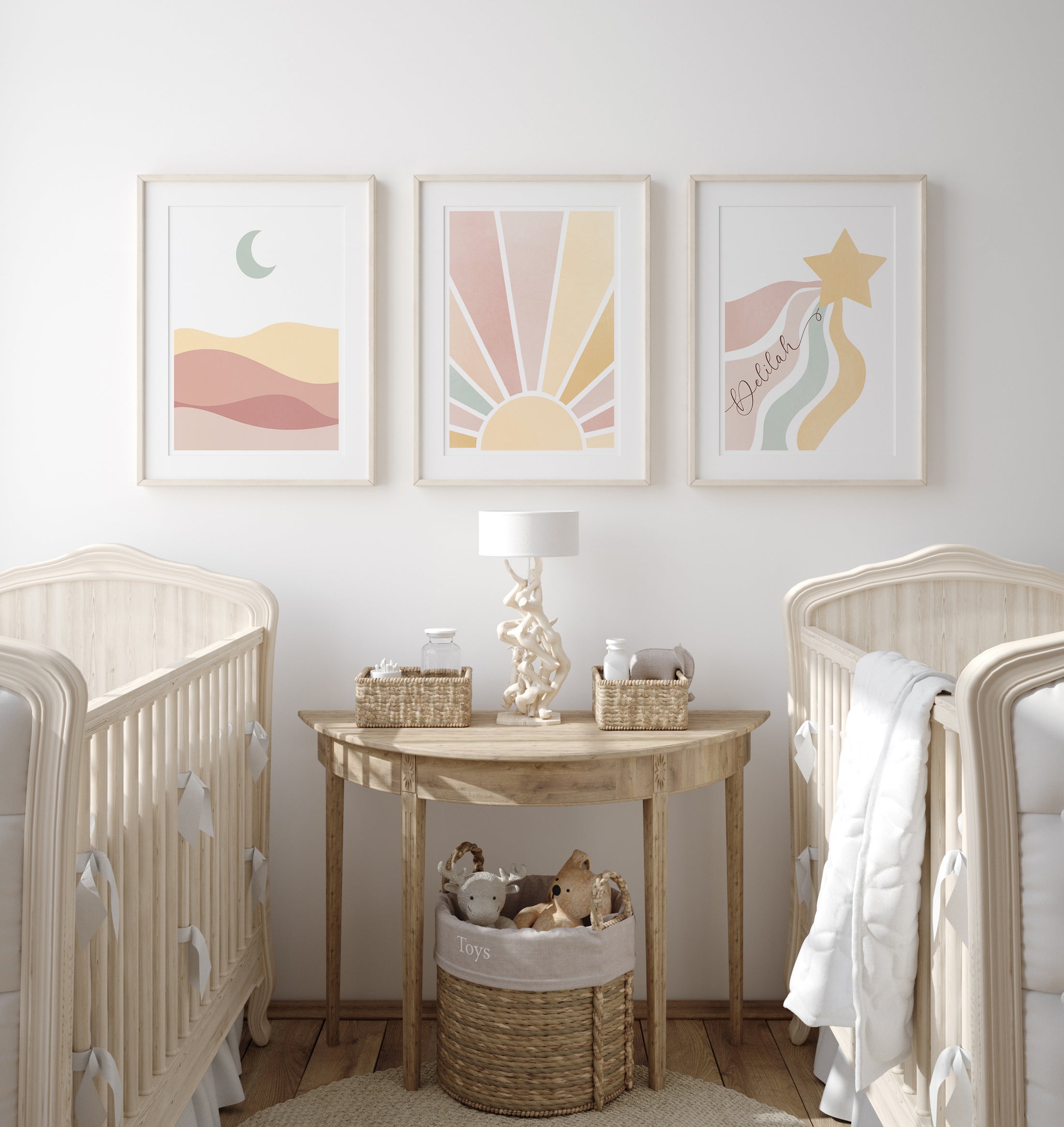 Sun,Star Moon | Set of 3 Prints | Neutral Blush tones Mid Century Style - RoseRowanDesign