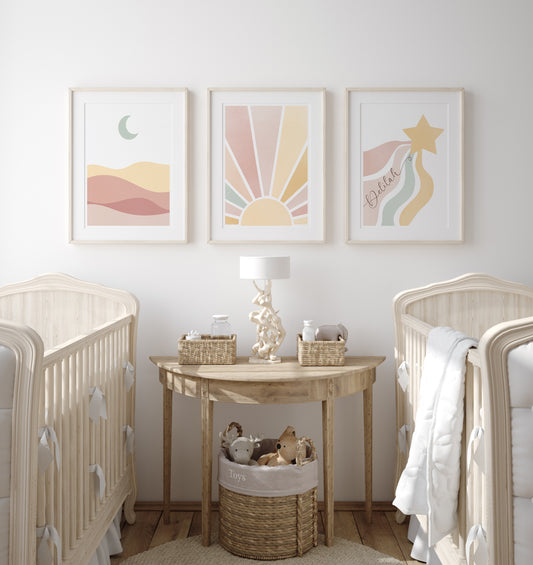 Sun,Star Moon | Set of 3 Prints | Neutral Blush tones Mid Century Style - RoseRowanDesign