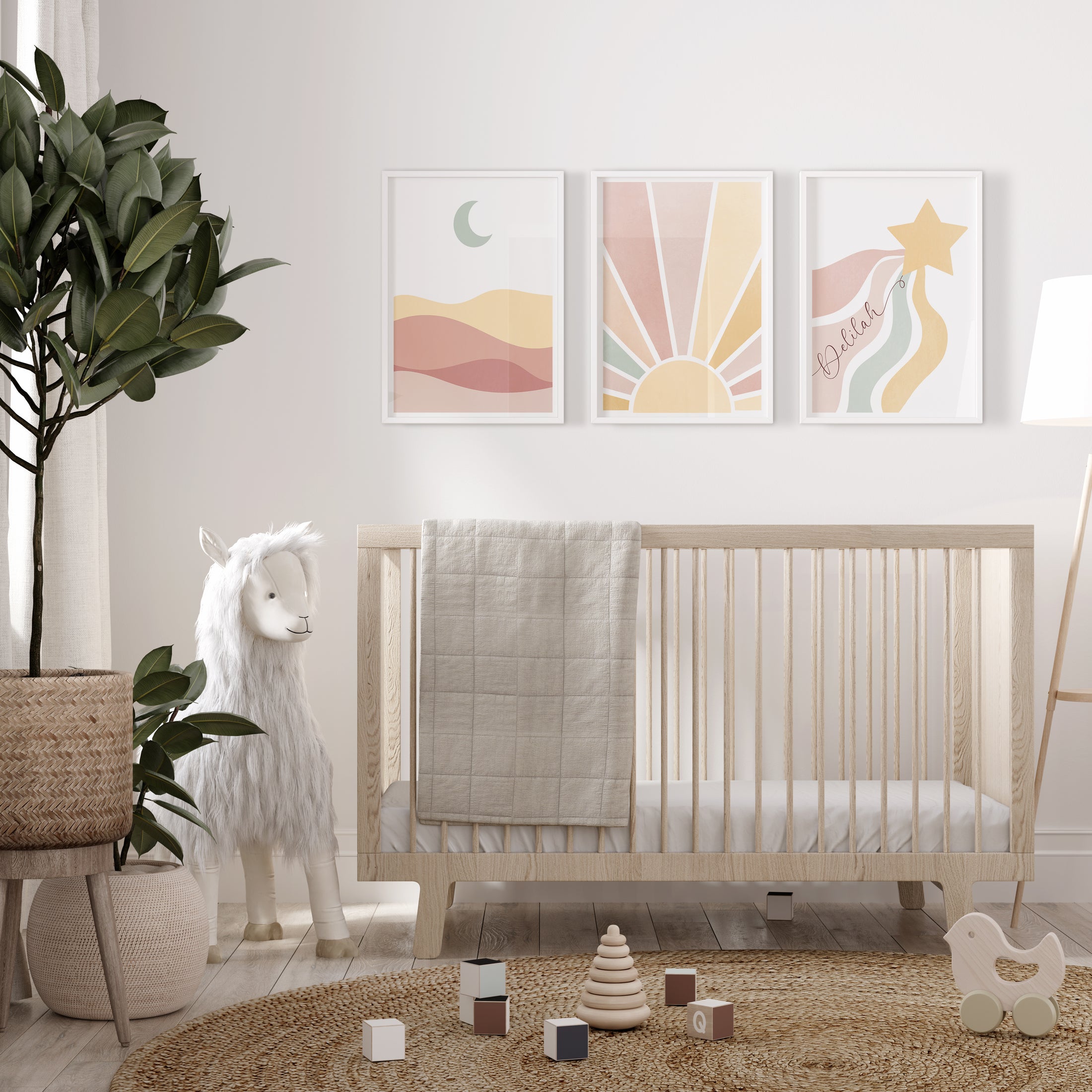 Sun,Star Moon | Set of 3 Prints | Neutral Blush tones Mid Century Style - RoseRowanDesign
