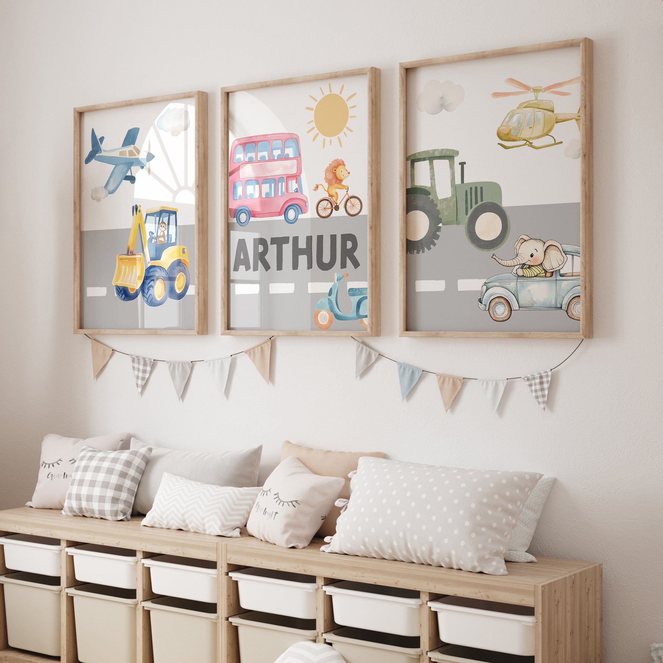 Transport Personalised Nursery Wall Prints| Set of 3 Prints | Vehicles for Boys Room - RoseRowanDesign