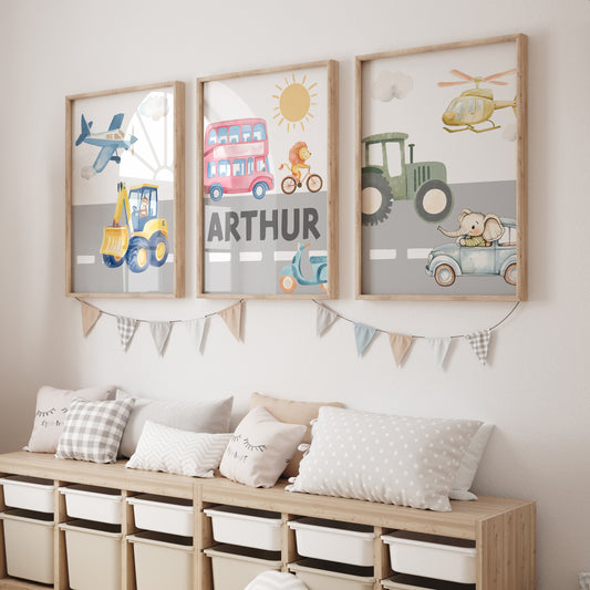 Transport Personalised Nursery Wall Prints| Set of 3 Prints | Vehicles for Boys Room - RoseRowanDesign
