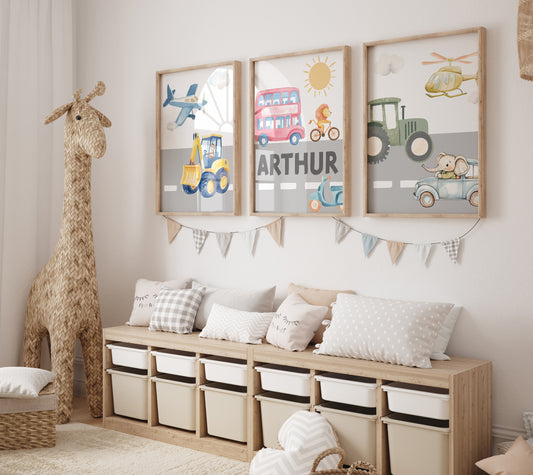 Transport Personalised Nursery Wall Prints| Set of 3 Prints | Vehicles for Boys Room - RoseRowanDesign