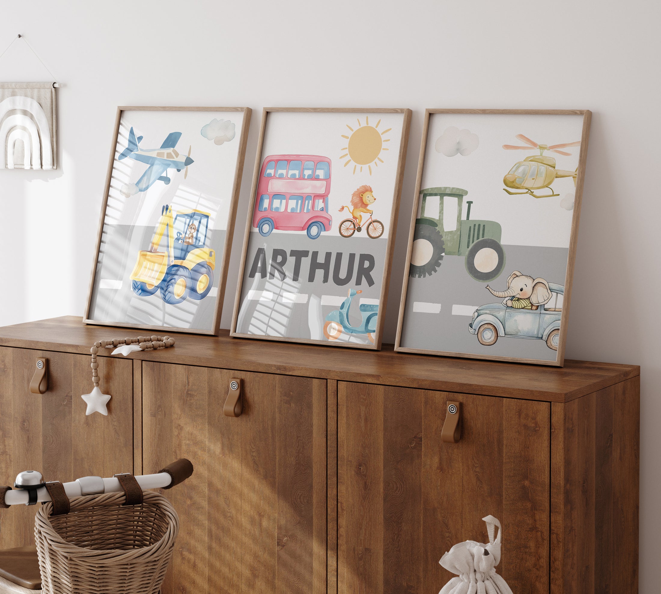 Transport Personalised Nursery Wall Prints| Set of 3 Prints | Vehicles for Boys Room - RoseRowanDesign