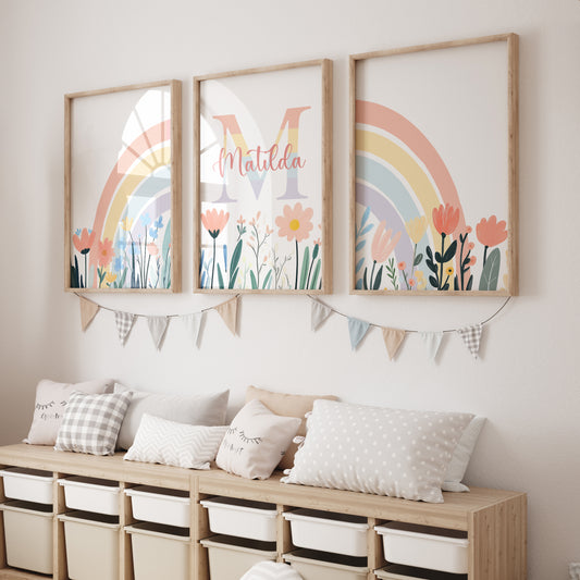 Wildflower Set of 3 Personalised Prints | Pastel Rainbow Girls Room Wall Art - RoseRowanDesign