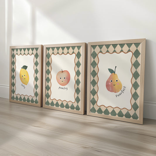 Vintage Fruit Nursery Prints | Green Harlequin | Set of 3, photo 1