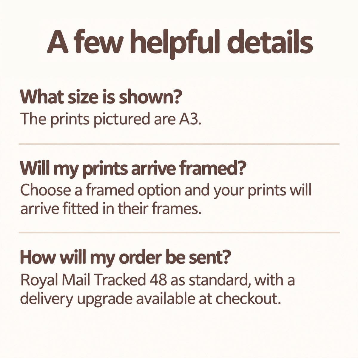 Helpful details about print sizes, framed options and delivery