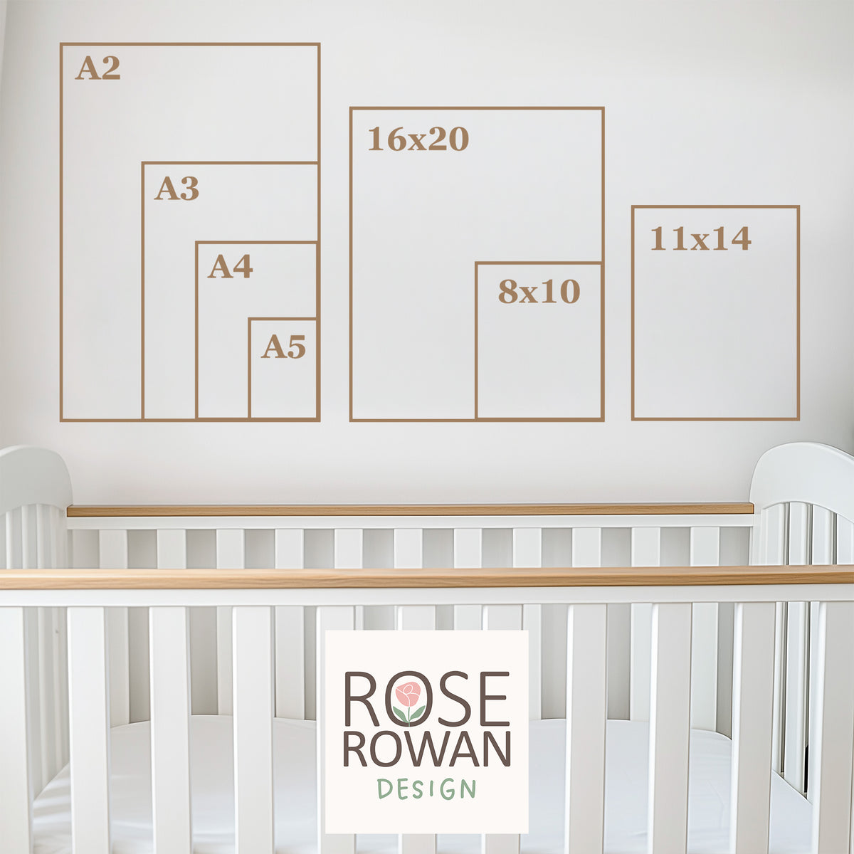 Print size comparison showing A2, A3, A4, A5, 16 by 20, 8 by 10 and 11 by 14 inches