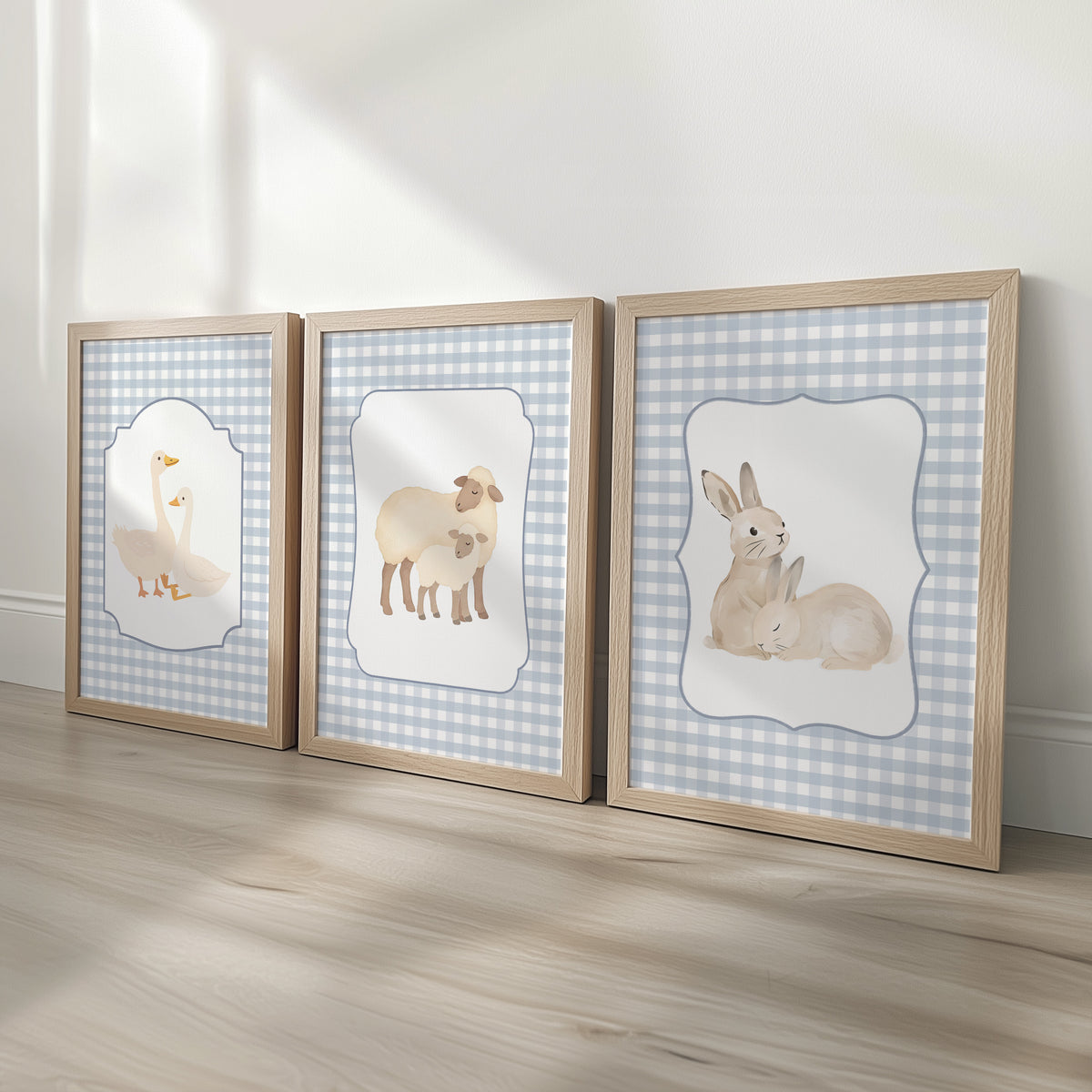 Blue Gingham Country Animal Nursery Prints | Goose, Sheep & Bunny | Set of 3, photo 1