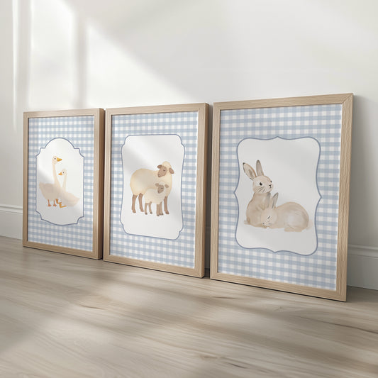 Blue Gingham Country Animal Nursery Prints | Goose, Sheep & Bunny | Set of 3, photo 1