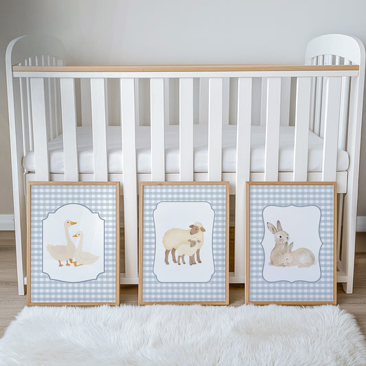 Blue Gingham Country Animal Nursery Prints | Goose, Sheep & Bunny | Set of 3, photo 2