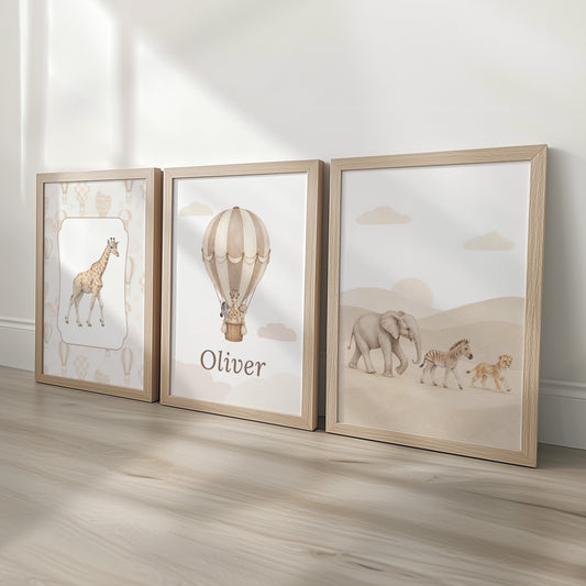 Personalised Vintage Safari Balloon Nursery Prints | Set of 3, photo 1