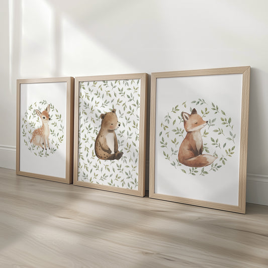 Leafy Woodland Nursery Prints | Deer, Bear & Fox | Set of 3, photo 1