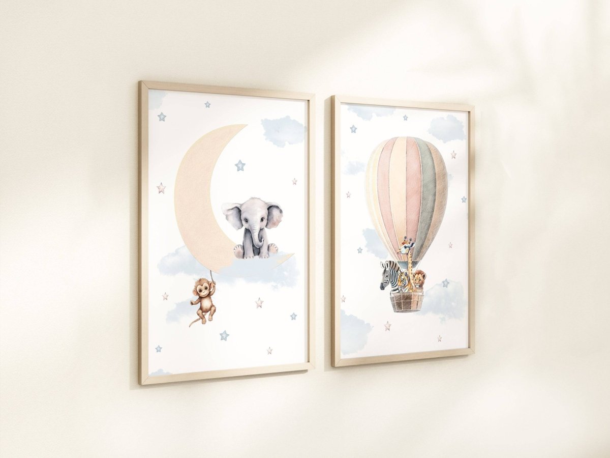 Safari Animal Hot Air Balloon Nursery Prints | Set of 2 | Neutral Moon ...