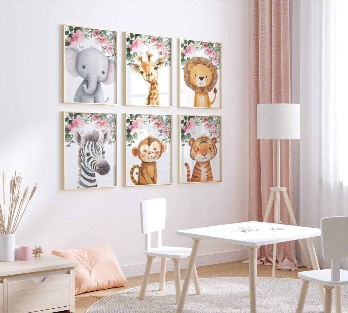 Safari Animal Nursery Prints | Set of 6 | Pink Jungle Decor for Girls' Room or Nursery - RoseRowanDesign - 