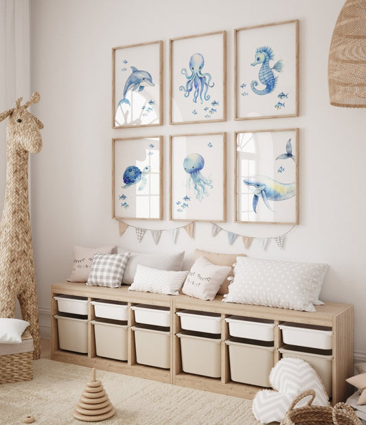 Sea Life Nursery Prints | Set of 6 | Ocean Theme Wall Art for Baby's Room - RoseRowanDesign - 