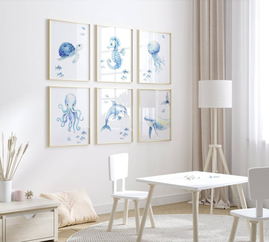 Sea Life Nursery Prints | Set of 6 | Ocean Theme Wall Art for Baby's Room - RoseRowanDesign - 