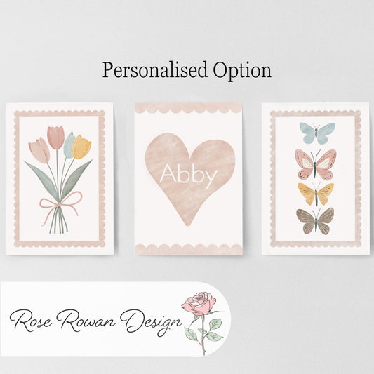 Set of 3 Heart Flowers & Butterflies Prints – Personalised Tulip Name Wall Art for Girls Nursery - RoseRowanDesign - 