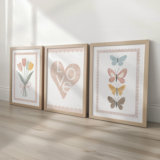 Set of 3 Heart Flowers & Butterflies Prints – Personalised Tulip Name Wall Art for Girls Nursery - RoseRowanDesign - 