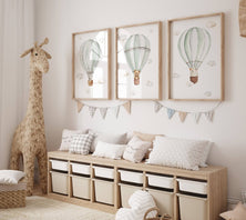 Set of 3 Hot Air Balloon Prints for Nursery | Green | Bunny, Goose, Bear - RoseRowanDesign - 