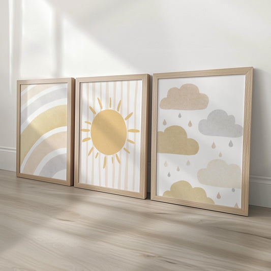 Set of 3 Personalised Boho Nursery Prints – Sun, Cloud & Rainbow Wall Art for Baby Room - RoseRowanDesign - 