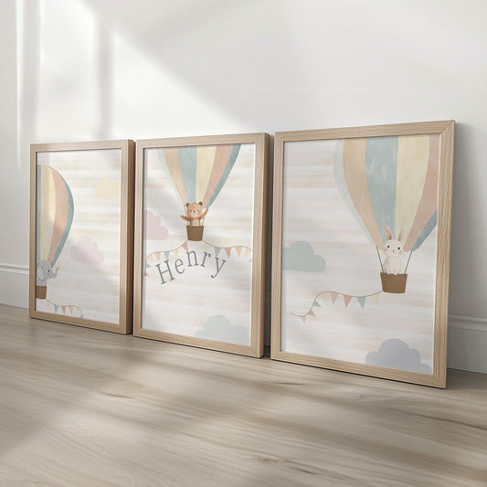 Set of 3 Personalised Neutral Boho Nursery Prints – Hot Air Balloon Animal Wall Art for Kids Room - RoseRowanDesign - 