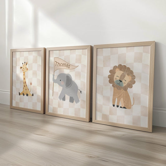 Set of 3 Personalised Safari Animal Nursery Prints – Beige Checkerboard Wall Art for Boys Room - RoseRowanDesign - 