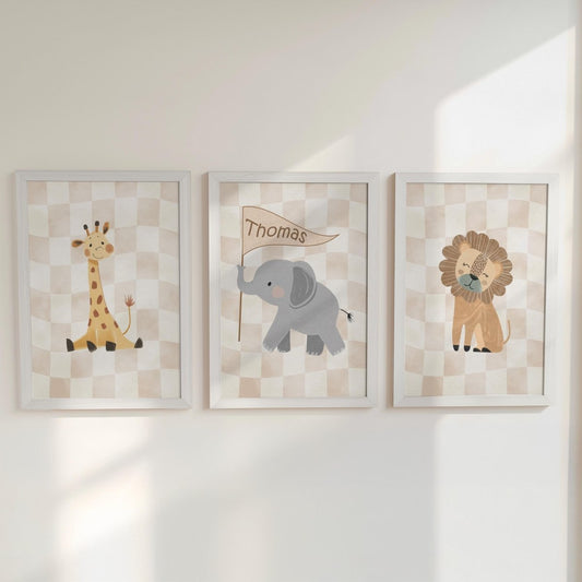 Set of 3 Personalised Safari Animal Nursery Prints – Beige Checkerboard Wall Art for Boys Room - RoseRowanDesign - 