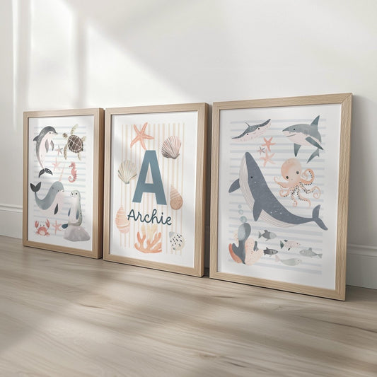 Set of 3 Personalised Sea Creatures Nursery Prints – Custom Name Ocean & Nautical Wall Art - RoseRowanDesign - 