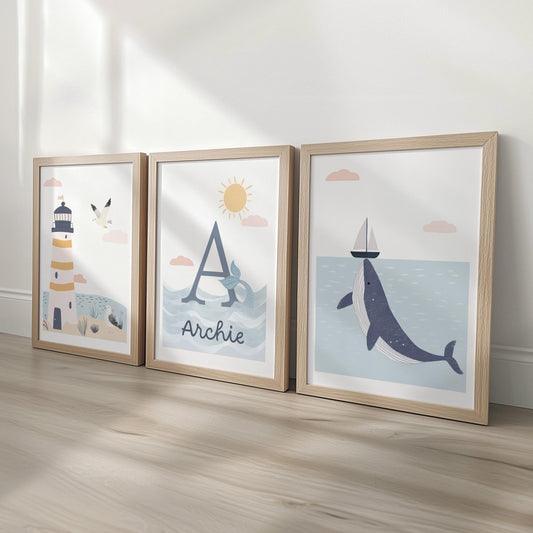 Set of 3 Personalised Sea Life Nursery Prints – Custom Name Ocean & Nautical Wall Ar - RoseRowanDesign - 