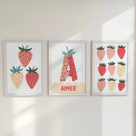 Set of 3 Personalised Strawberry Prints – Custom Name Wall Art for Girls Nursery & Bedroom - RoseRowanDesign - 