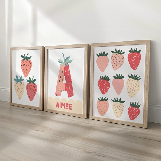 Set of 3 Personalised Strawberry Prints – Custom Name Wall Art for Girls Nursery & Bedroom - RoseRowanDesign - 