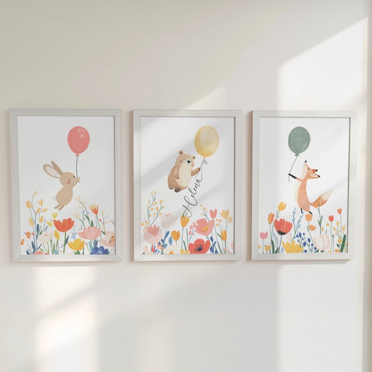 Set of 3 Personalised Wildflower Balloon Animal Nursery Prints – Custom Wall Art for Girls Room - RoseRowanDesign - 