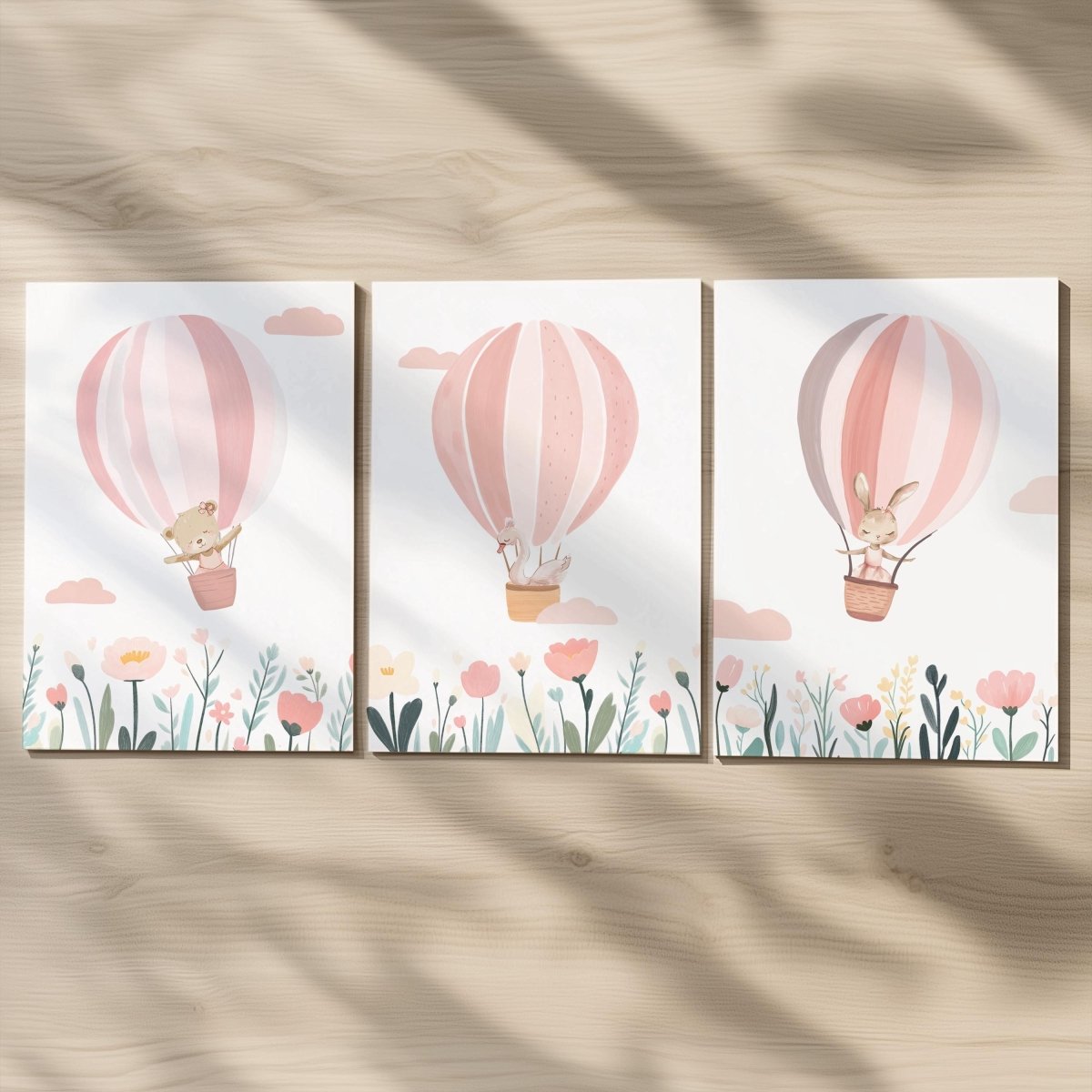 Set of 3 Pink Hot Air Balloon Nursery Prints – Personalised Wildflower Wall Art for Girls Room - RoseRowanDesign - 