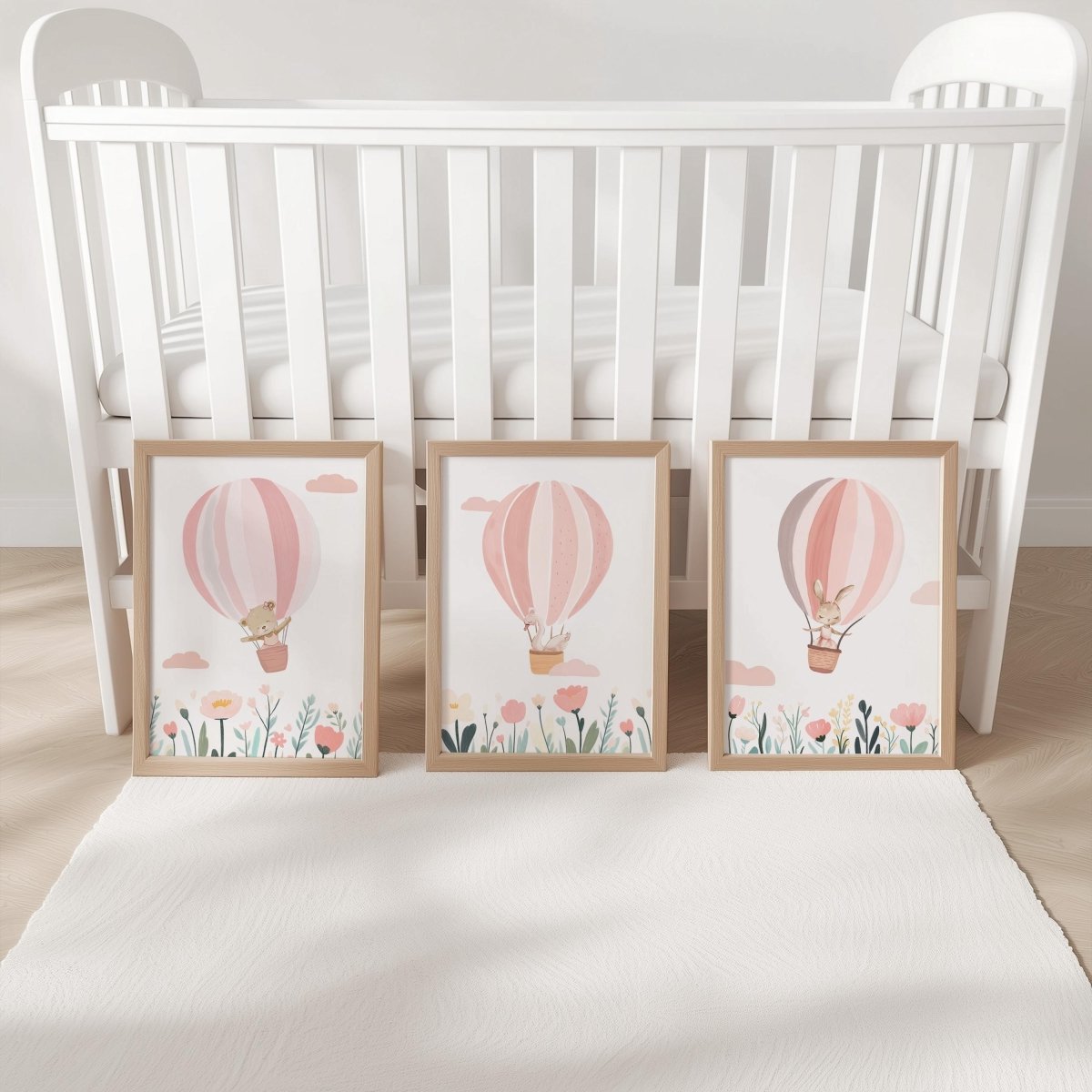 Set of 3 Pink Hot Air Balloon Nursery Prints – Personalised Wildflower Wall Art for Girls Room - RoseRowanDesign - 