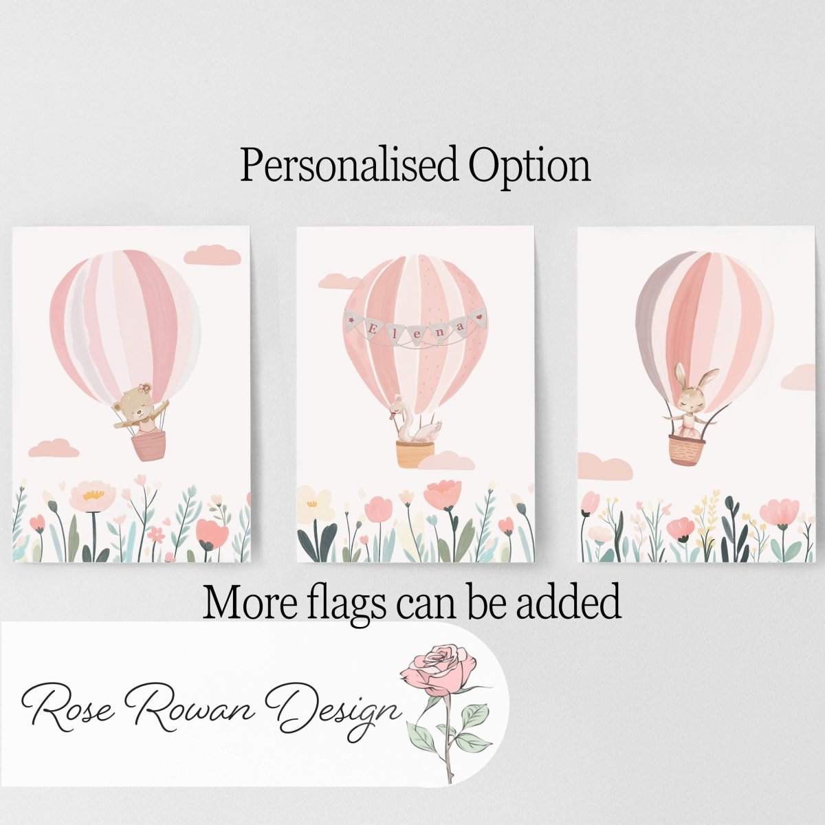 Set of 3 Pink Hot Air Balloon Nursery Prints – Personalised Wildflower Wall Art for Girls Room - RoseRowanDesign - 