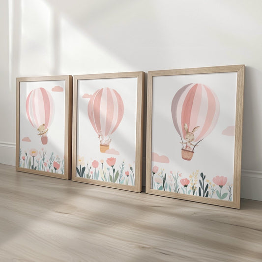 Set of 3 Pink Hot Air Balloon Nursery Prints – Personalised Wildflower Wall Art for Girls Room - RoseRowanDesign - 