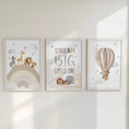 Load image into Gallery viewer, Set of 3 Safari Animal Nursery Prints – Dream Big, Beige Hot Air Balloon & Rainbow Wall Art - RoseRowanDesign - 
