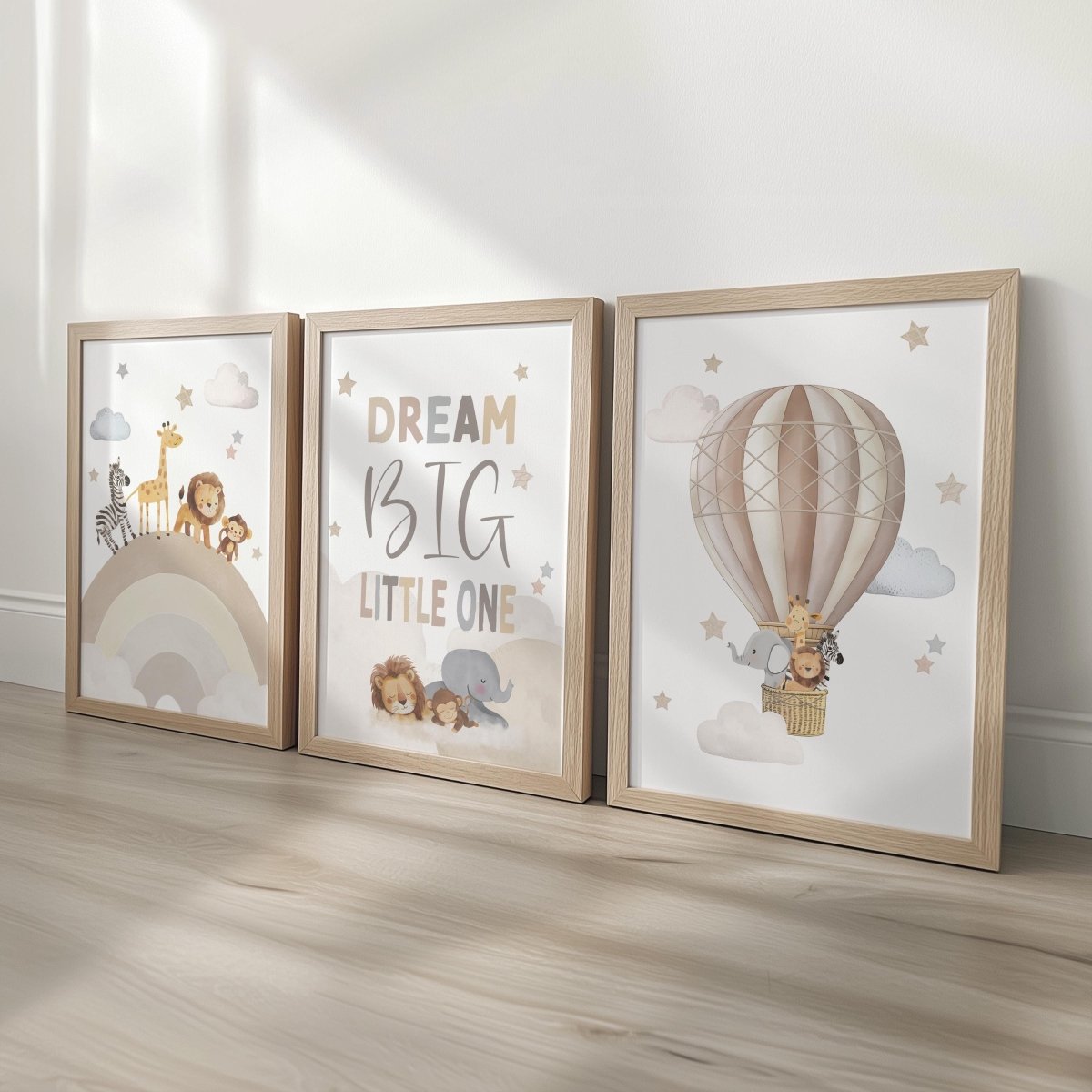 Set of 3 Safari Animal Nursery Prints – Dream Big, Beige Hot Air Balloon & Rainbow Wall Art - RoseRowanDesign - 