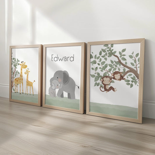 Set of 3 Safari Animal Nursery Prints – Giraffe, Monkey & Elephant Wall Art for Baby Room - RoseRowanDesign - 