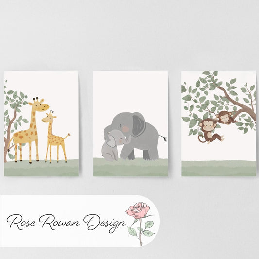 Set of 3 Safari Animal Nursery Prints – Giraffe, Monkey & Elephant Wall Art for Baby Room - RoseRowanDesign - 