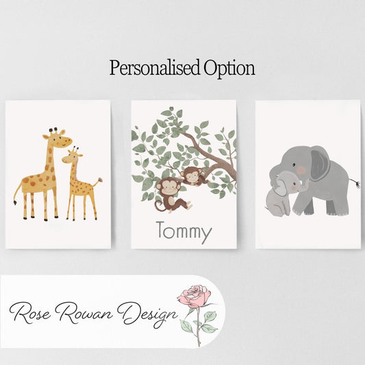 Set of 3 Safari Animal Nursery Prints – Giraffe, Monkey & Elephant Wall Art for Baby Room - RoseRowanDesign - 