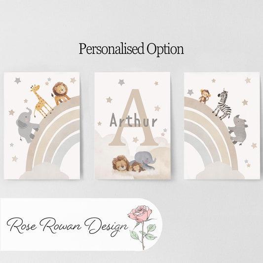 Set of 3 Safari Animal Nursery Prints – Neutral Beige Rainbow & Dream Big Wall Art for Boys Room - RoseRowanDesign - 